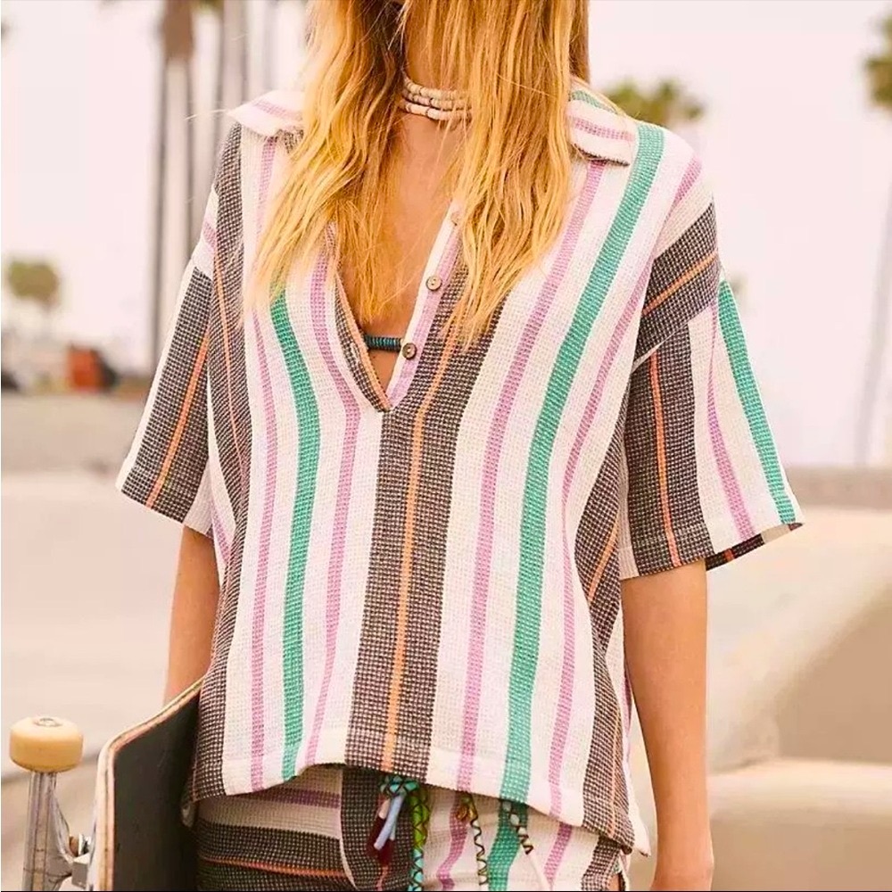 Free People Striped Button Down Shirt in Pink, Green, Brown, White